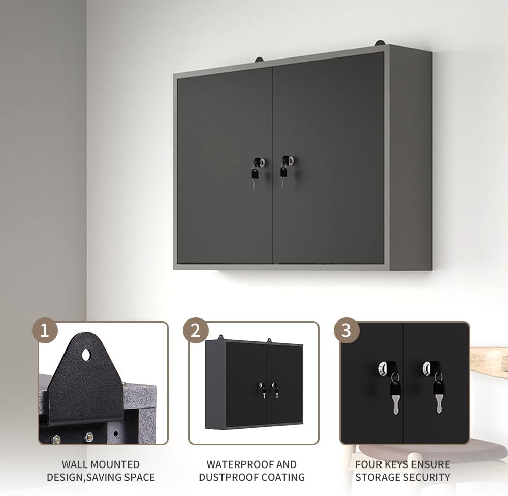JZD Steel Garage Wall Mounted Tool Cabinet, Black & Grey