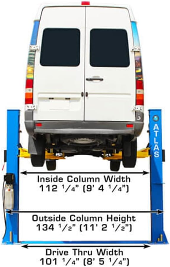ATLAS Automotive Equipment BP10000X 2-Post Commercial Grade Vehicle Lift, Baseplate, Open-top Style, 9’6” Minimum Ceiling Height, 10,000lb Capacity, Super Symmetric Arms, for Low Ceiling Garage Use