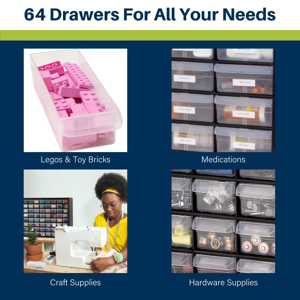 Akro-Mils 64-Drawer Plastic Drawer Storage Cabinet for Garage Organization, Bead Organizer, Building Bricks Storage, Teacher Toolbox, Makeup Organizer, 20-Inch W x 6-Inch D x 16-Inch H, 10164 Yellow