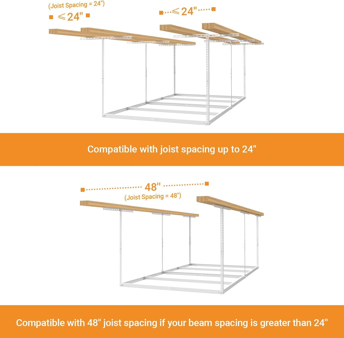 4x8ft Overhead Garage Storage Rack Wooden Decking Not Included, Heavy Duty Metal Rack, Adjustable Ceiling Dropdown, 600lbs Weight Capacity (White)