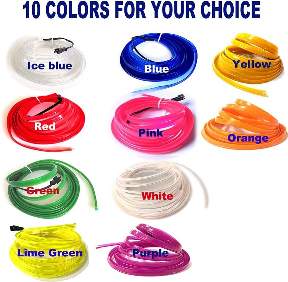 El Wire Ice Blue Interior Car LED Strip Lights, 5M Neon Wire USB 5V with Fuse Protection for Automotive Interior Decoration, with 6mm Sewing Edge