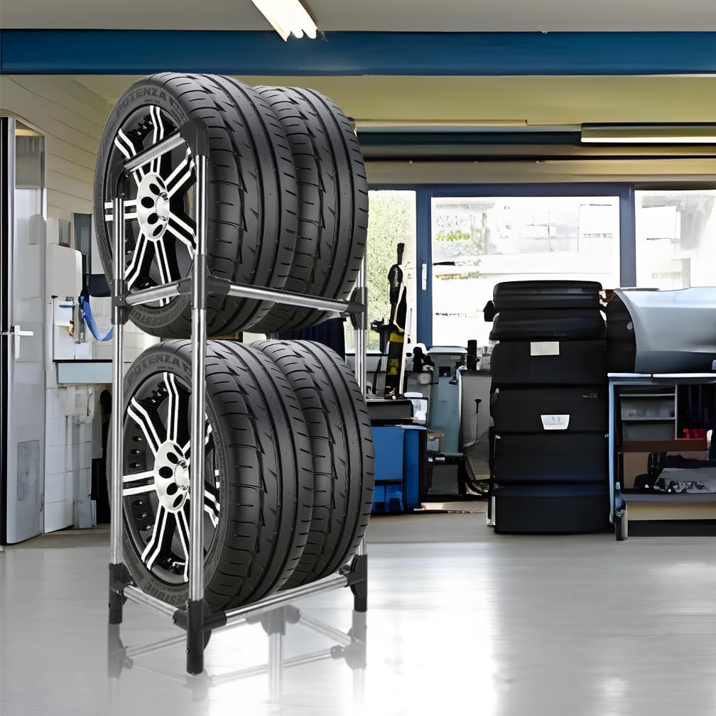 Hershii Tire Storage Rack Standing Garage Storage Shelf Organizer for Indoor Outdoor Use - Black + Silver, 22.51'' X 14.16'' X 45.11''