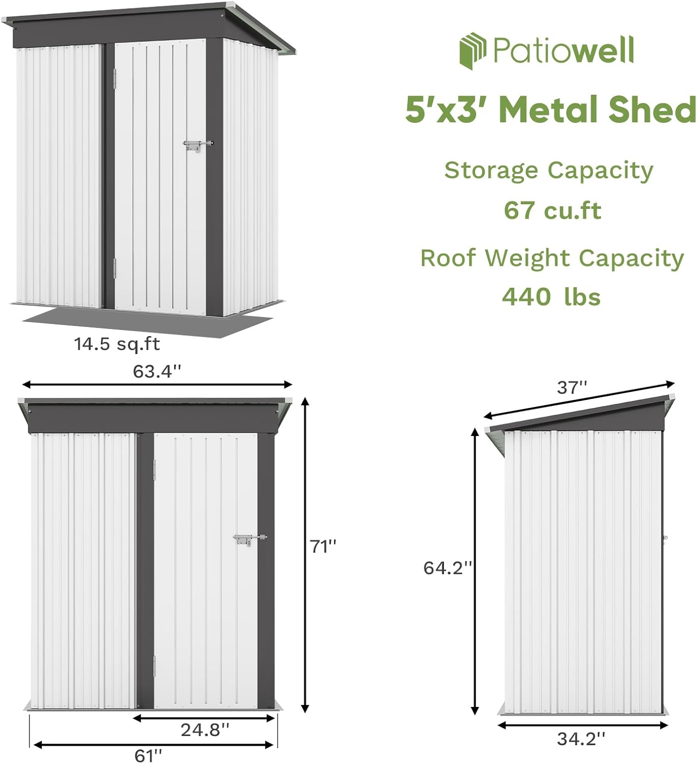 Patiowell 5x3 FT Outdoor Storage Shed, Garden Tool Shed with Sloping Roof and Lockable Door, Metal Shed for Backyard Garden Patio Lawn, White