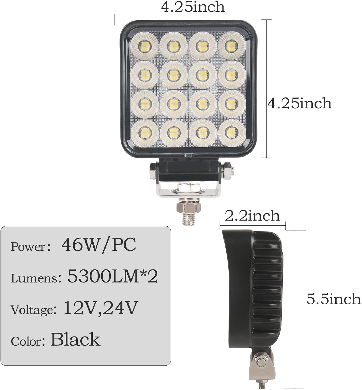 4.3" 12V LED Flood Lights 46W, 24 Volt Work Lights for Heavy Equipment Tractor Excavator Dump Truck 5300LM Waterproof, Vehicle Utility Flood UTV ATV, 2PCS