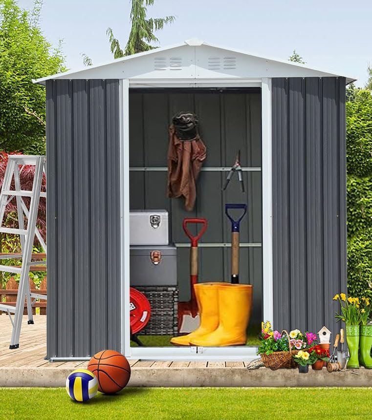 Outdoor Sheds 5FT x 3FT Outdoor Storage, Metal Anti-Corrosion Utility Tool House with Lockable Door & Shutter Vents,Outdoor Waterproof Garden Tool Metal Storage Sheds (Grey)