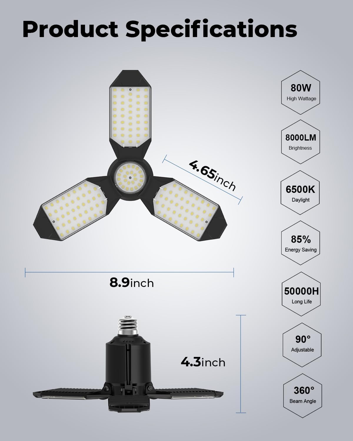 LED Garage Lights 4 Pack, 8000LM Shop Lights with 3+1 Deformable Panels, 6500K Screw in Ceiling Lights for Garage, Workshop, Workbench, Basement