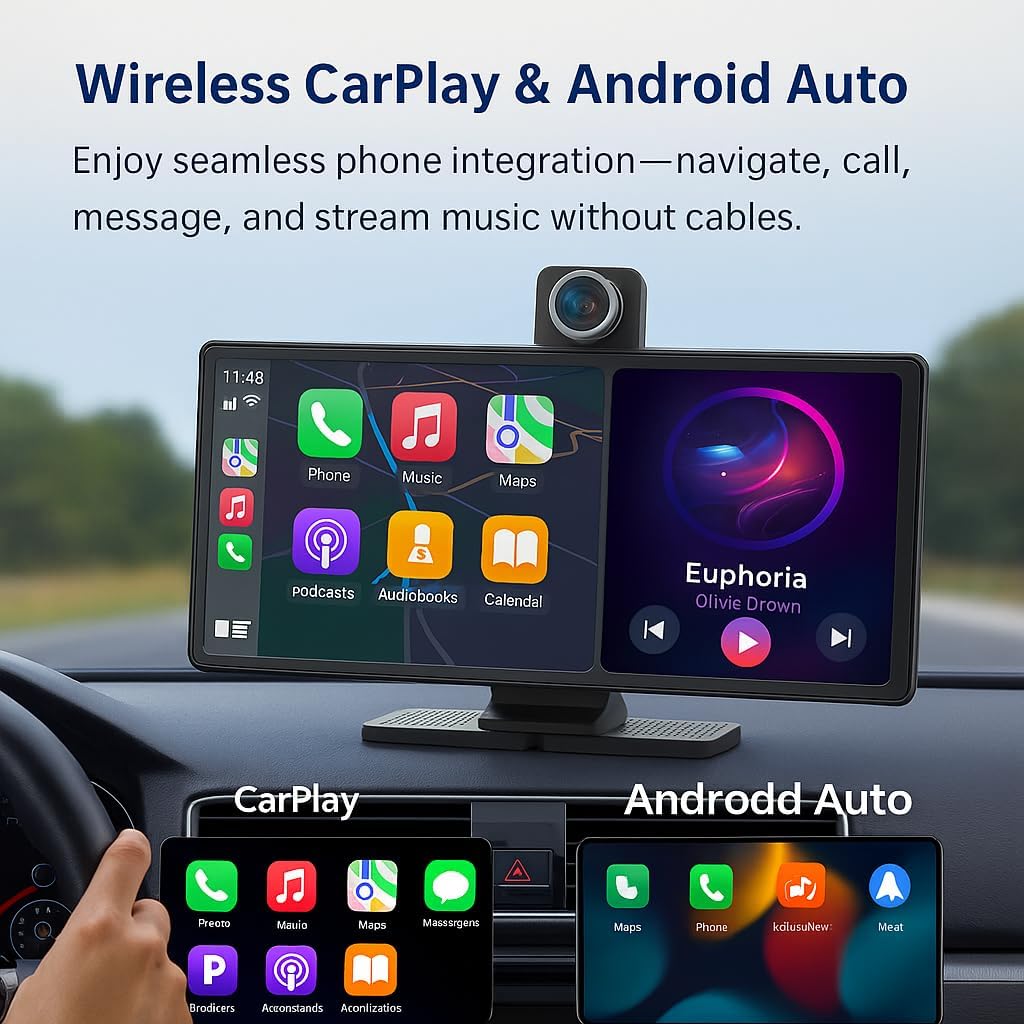 Portable Apple CarPlay & Android Auto – 10.26" Wireless Car Stereo, 4K Dash Cam, 1080P Backup Camera, Voice Control, GPS Navigation, Bluetooth, Mirror Link, Portable Touchscreen Display