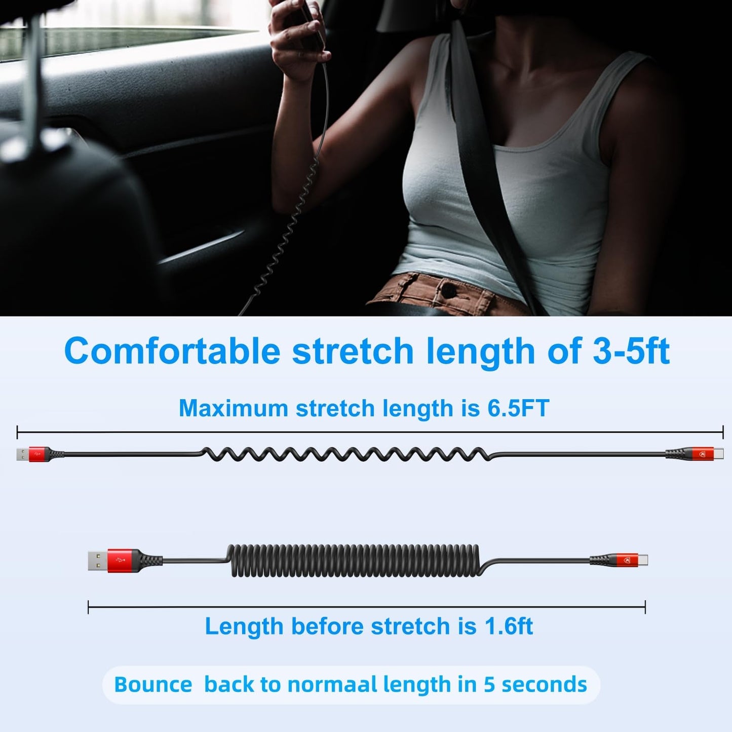 Coiled USB A to USB C Cable for Car 6FT 2Pack USB C Charger Cable Fast Charging Type C Charger Cord USB-C Cable Compatible with iPhone 16/15/Plus/Pro/Pro Max/Samsung Galaxy S23 A20 - Red