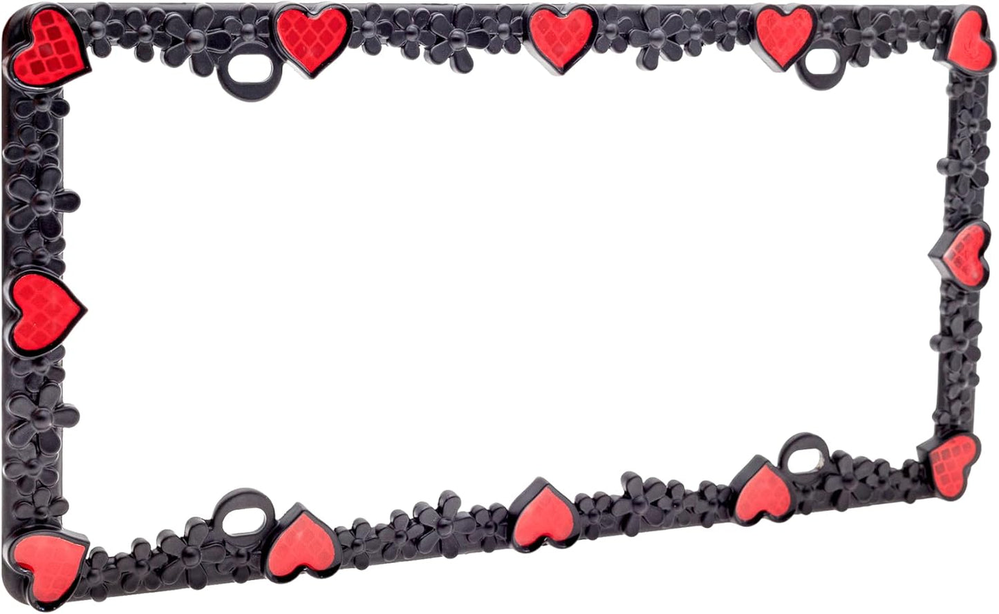 Creathome 3D Daisy Heart License Plate Frame from Pure Zinc Alloy Metal Perfect Plate Holder, Matt Black Daisy with Red Reflective Heart