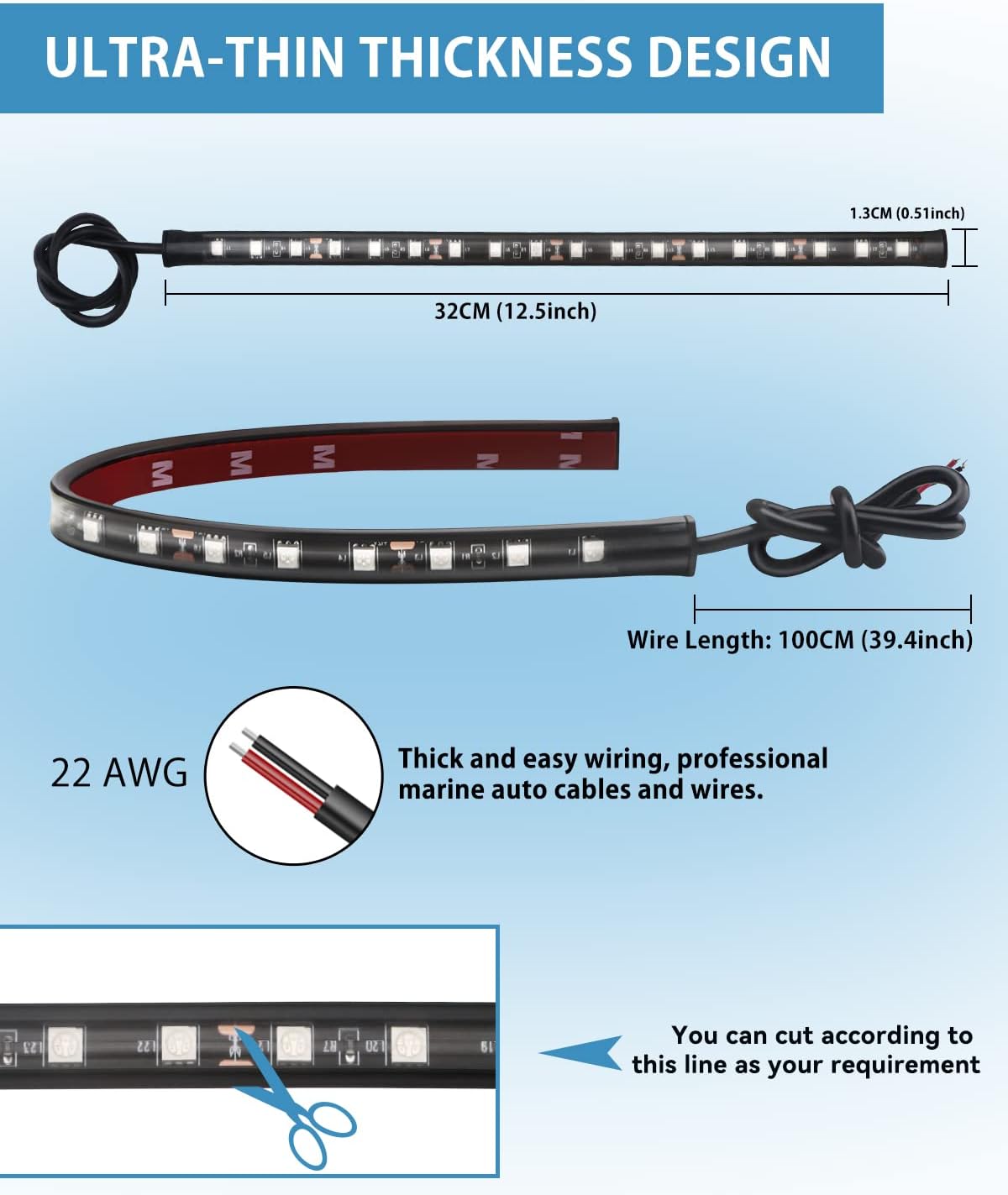 12V Led Light Strip 32CM Waterproof Ice Blue Led Strip Lights for Cars Motorcycles Golf Cart Interior & Exterior Marine Boat 5050 18SMD,Pack of 4