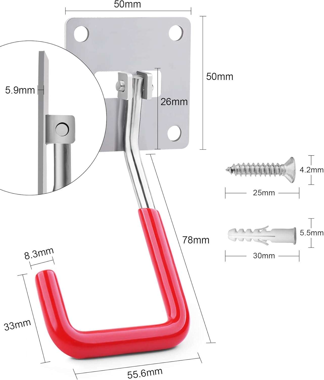 HAISHINE Garage Hooks, 2 Pack Adjustable Hooks for Wall Storage, Stainless Steel Heavy-Duty Utility Hooks with Anti-Slip Coating Organizing for Chainsaws, Bike, Garden Tools(Screws and Dowels Include)