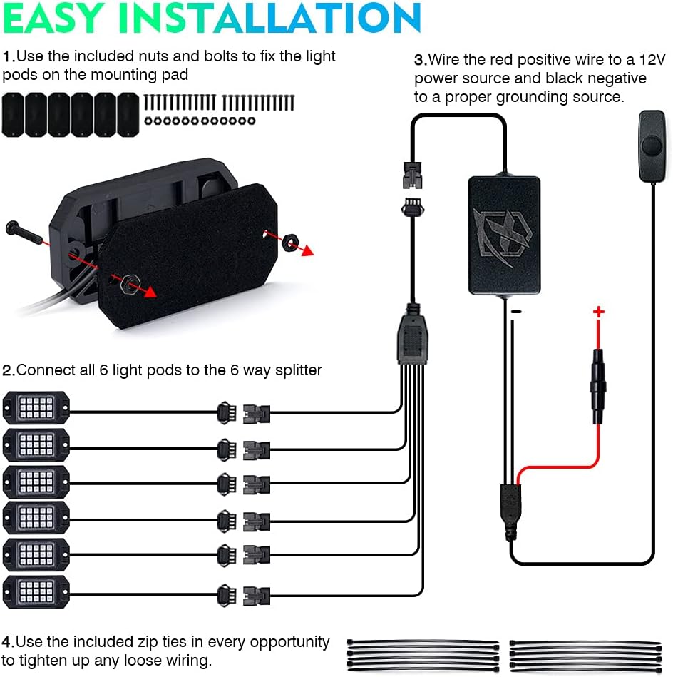 Xprite Bluetooth RGB LED Rock Lights Kit, Multicolor Neon Accent Music Flashing Lighting Underglow Kits with RF Controller for Off-Road, Trucks, Cars, UTV, ATV, SUV, RZR, Motorcycles, Boats - 6 PCS