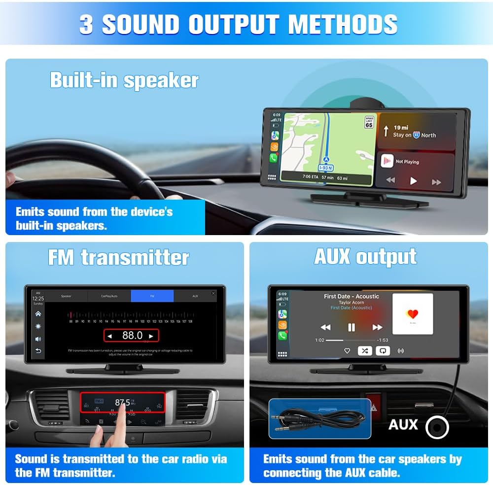 Portable Wireless CarPlay Screen for Car with 4K Dash Cam+1080P Backup Camera, 10.26”IPS Touchscreen Car Stereo, Supports CarPlay/Android Auto/Voice Control/GPS Navigation/Bluetooth/Mirror Link