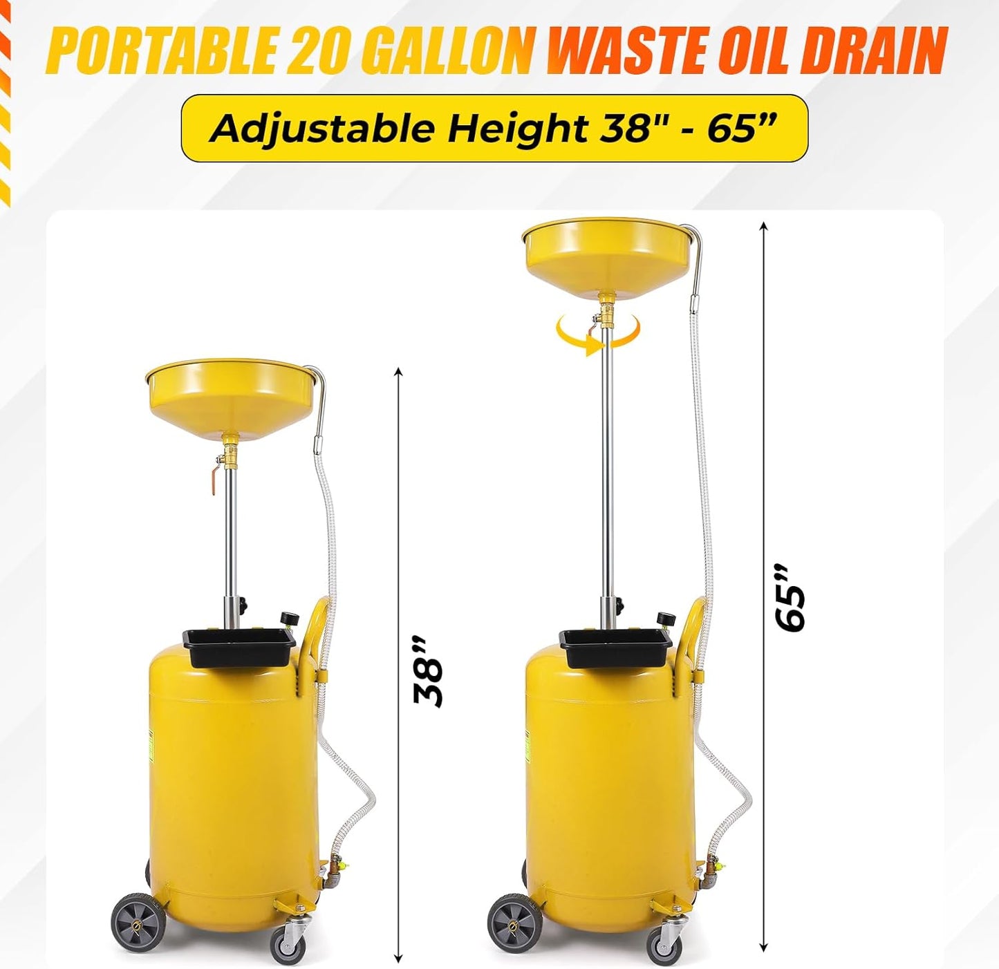 20 Gallon Waste Oil Drain Tank Portable Air Operated Oil Drainer with Adjustable Funnel Height 38-65 Inches 15 Inch Funnel Fluid Fuel Transfer Drain Container with 360 Degree Wheels and Toolbox Yellow