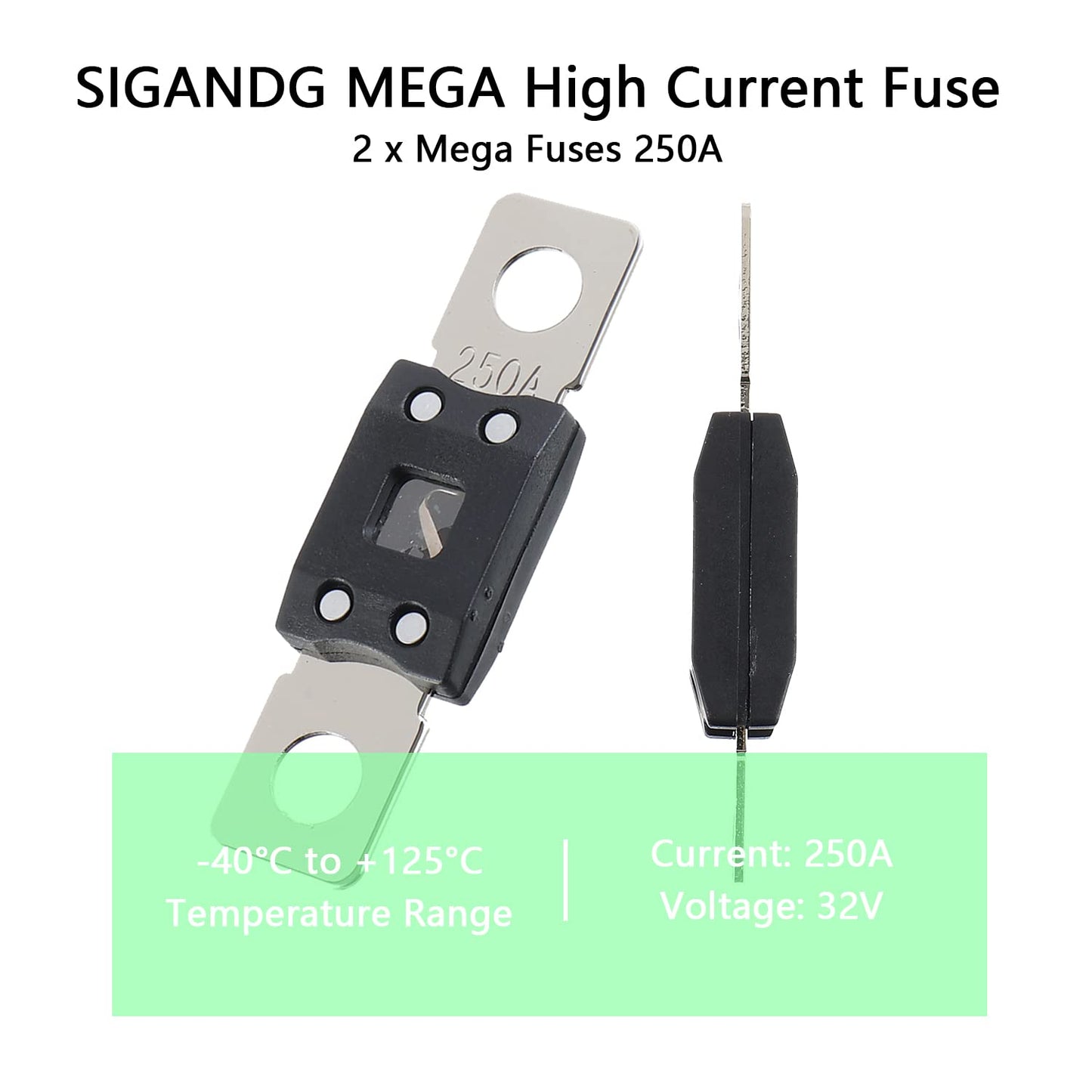 250A MEGA High Current Fuse - 250 Amp Bolt-on Fuse for Cars, Trucks, Construction Vehicles, Buses, Caravans (2 Pcs)