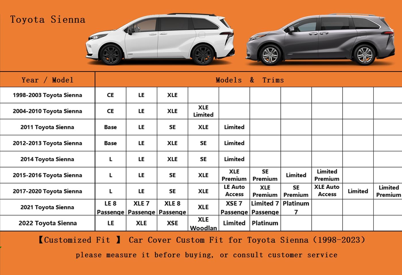 Kayme 6 Layers Car Cover Custom Fit for Toyota Sienna (1997-2025) Waterproof All Weather for Automobiles, Outdoor Full Cover Rain Sun UV Protection.Silver