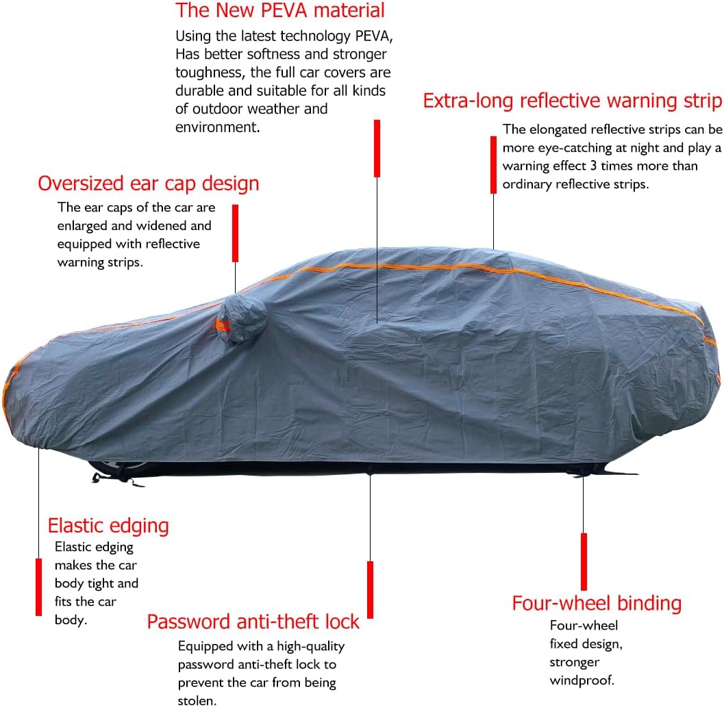 KEYOOG Universal Waterproof Heavy Weight Full Car Covers, Fit Sedan, All Weather, Outdoor Full Cover Weatherproof UV Sun Protection Snow Dust Storm Resistant with PEVA Cotton, for Cars Up to 182"