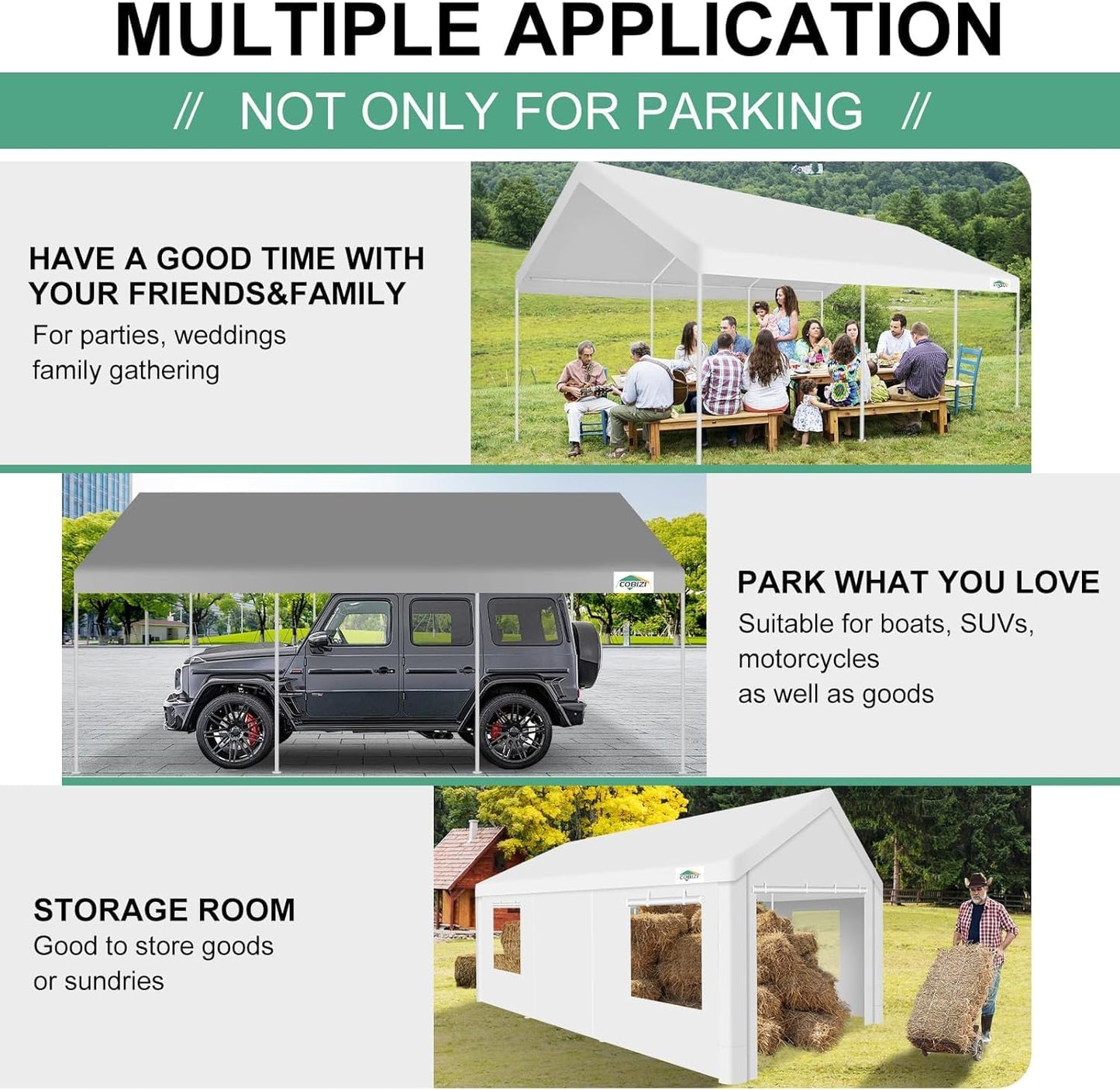 COBIZI 12x20ft Carport Heavy Duty, Portable Car Garage Outdoor Party Tent with Built-in Sandbags, Waterproof Car Canopy for Truck, Boat, SUV with All-Season Tarp, White