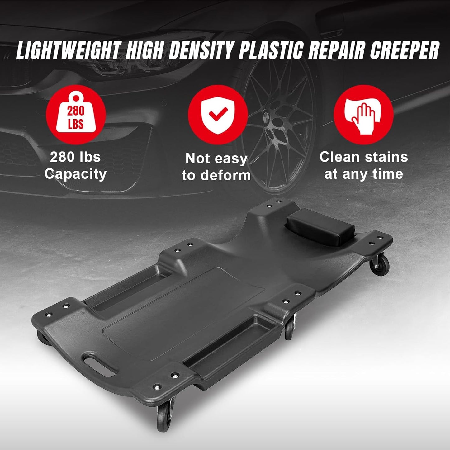 BIG RED ATRP6240BR-1 Blow Molded Plastic Rolling Garage/Shop Creeper: 40" Mechanic Cart with Padded Headrest and 6 Casters, 250 LBS, Black