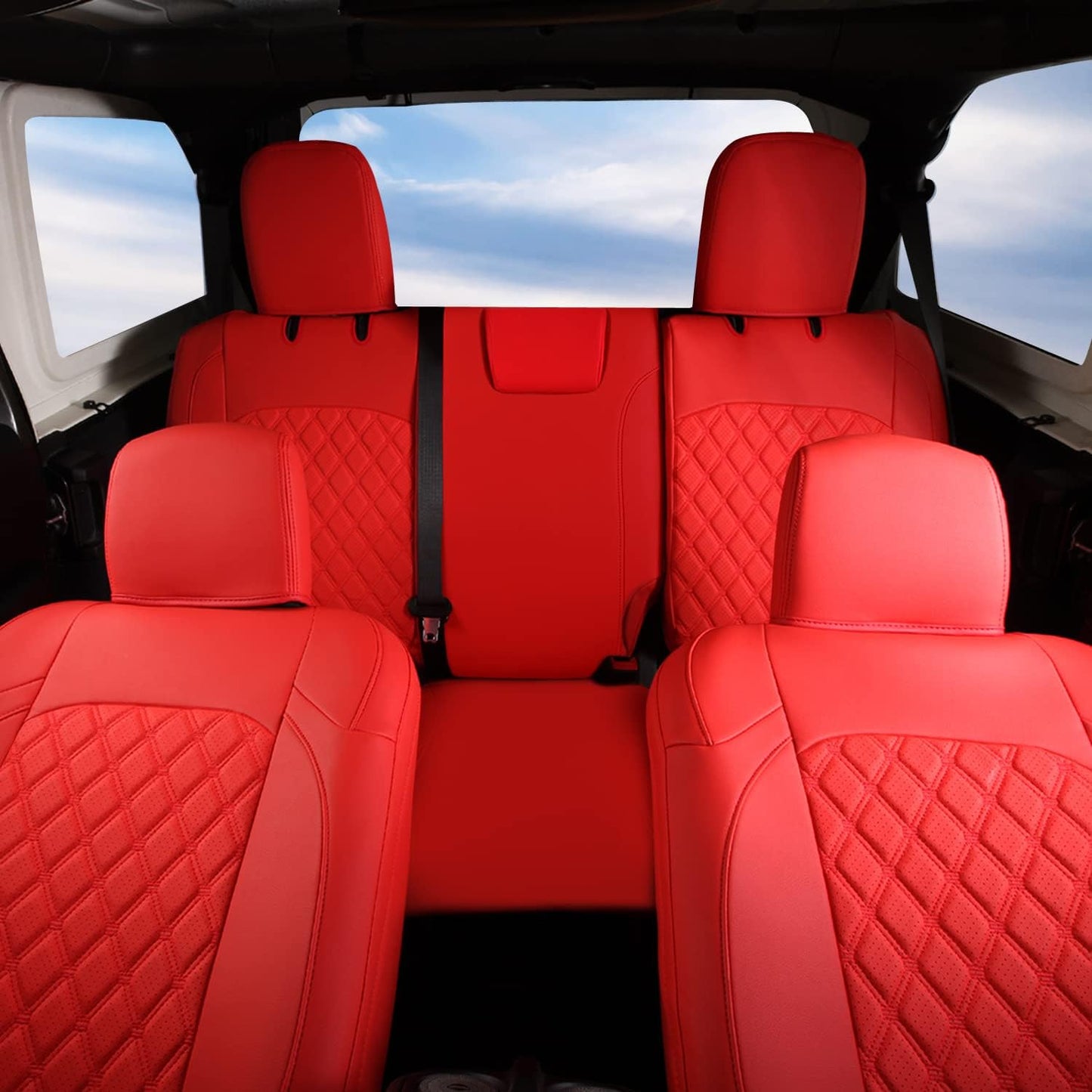 GIANT PANDA Customized Full Set Car Seat Covers for Jeep Wrangler 4 Door JL Sahara Sport Rubicon Unlimited Willys 2018 2019 2020 2021 2022 2023 2024 2025 Without Rear Cup Holder,Faux Leather - (Red)