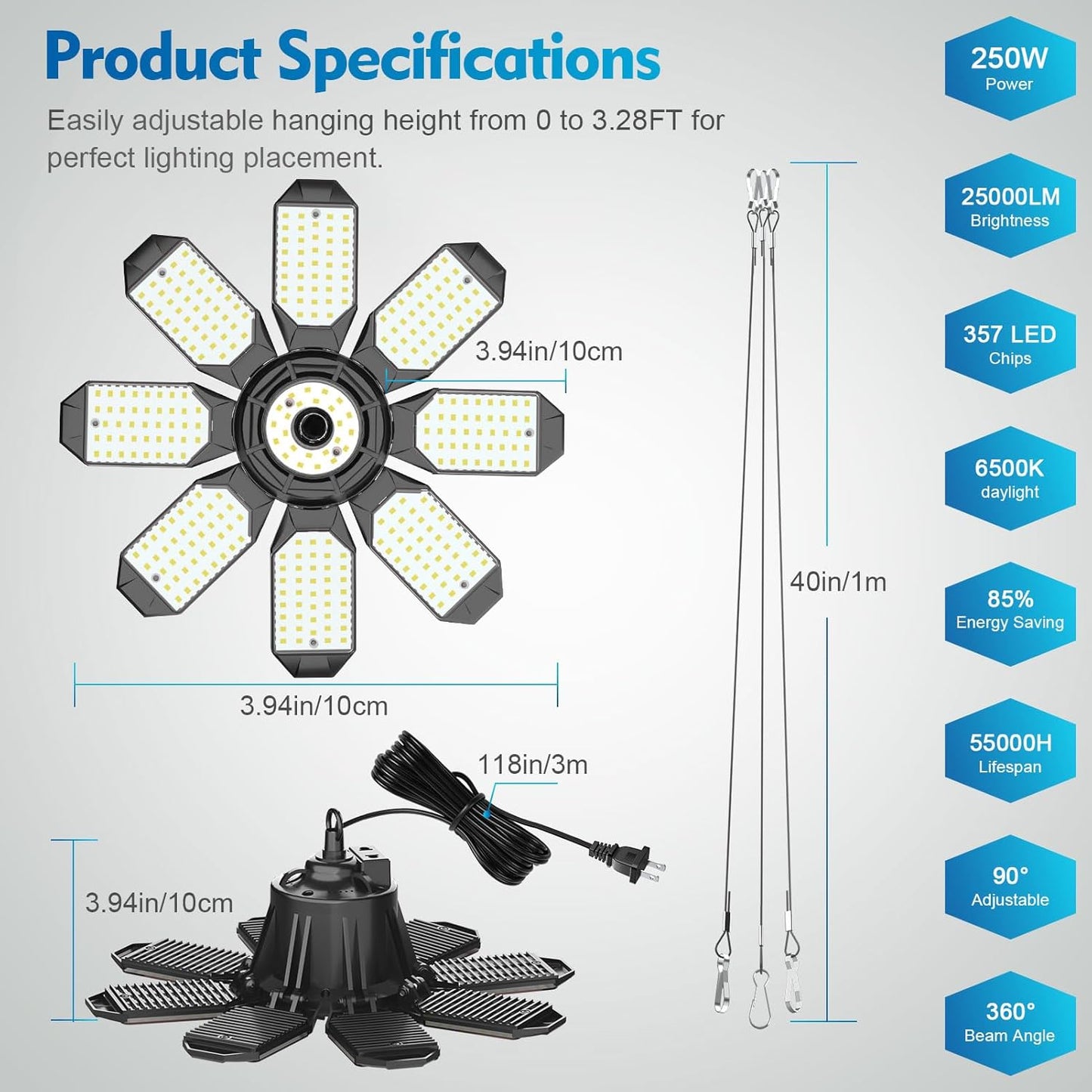 TANBABY Upgrade 250W LED Garage Lights Plug in 2 Pack, Total 50000LM Deformable Lights Ceiling LED Plug in Cord, Plug in Shop Light for Garage Lighting with 8+1 Panels Garages Bulb for Basement