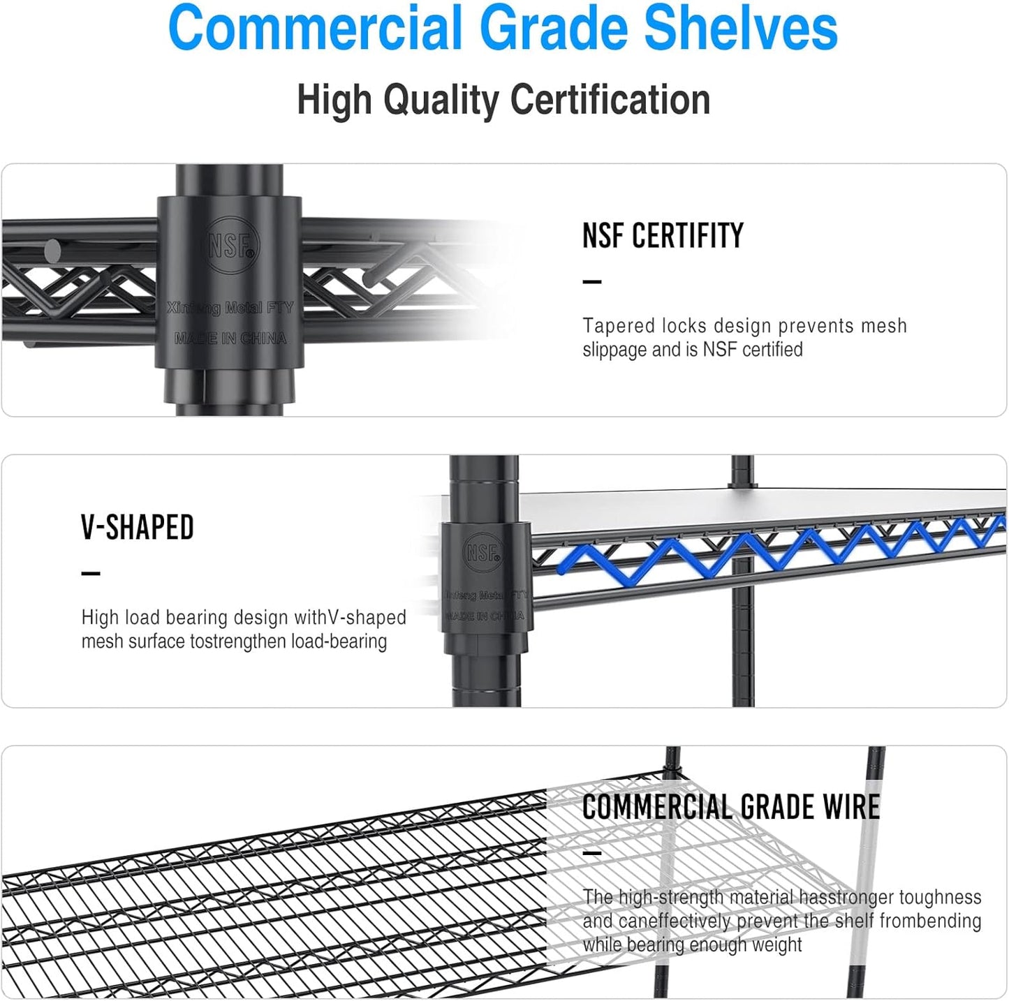 pouseayar Black 5 Tier Shelf Wire Shelving Unit, 6000lbs Capacity NSF Metal Heavy Duty Adjustable Storage Rack with Wheels & Shelf Liners, 82" H x 48" L x 24" D