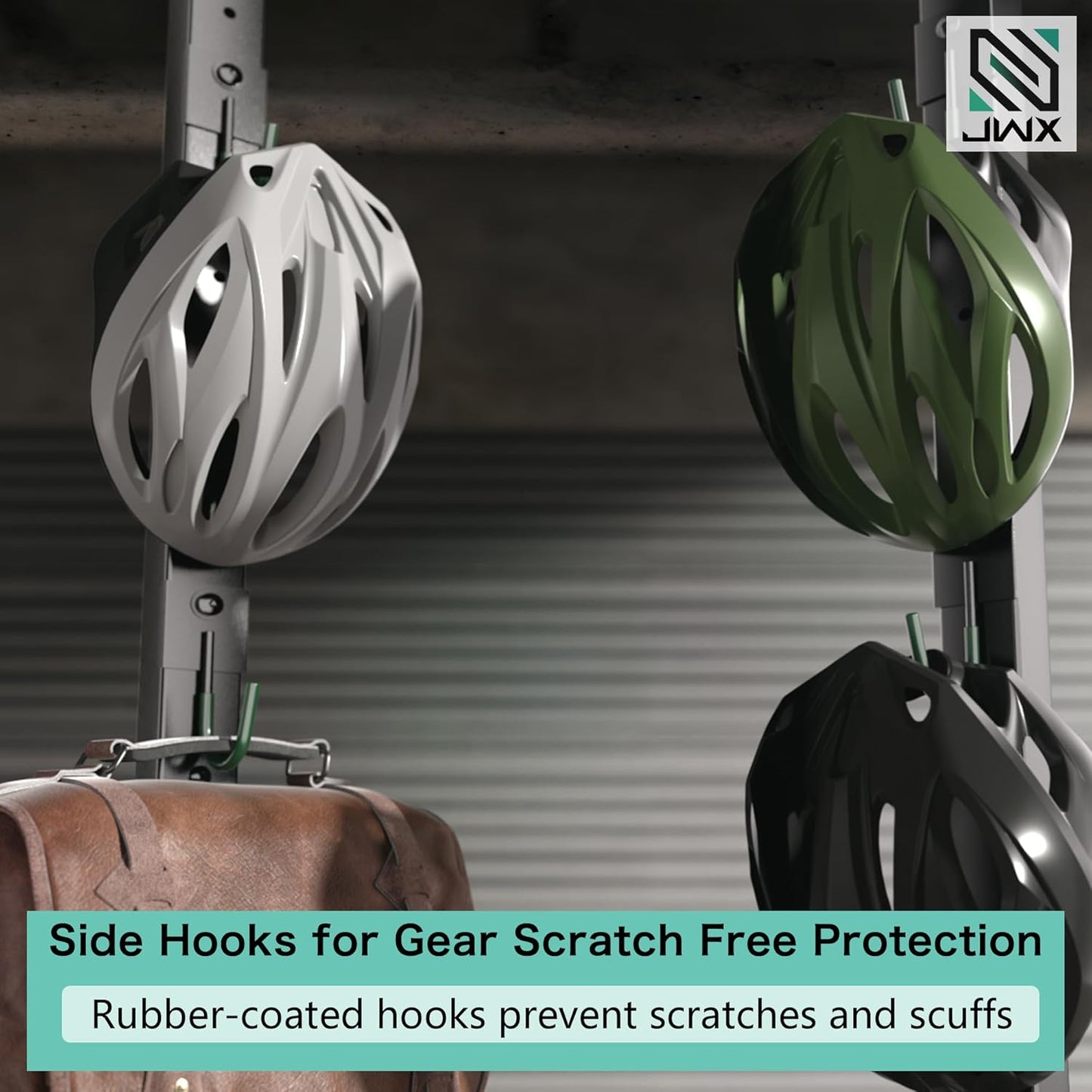 JWX Freestanding 5 Bike Rack, Heavy Duty Floor Bike Stand with Triangle Support Panels, Adjustable Rubber-Coated Hooks, Gear Accessory Holders, Easy Assembly