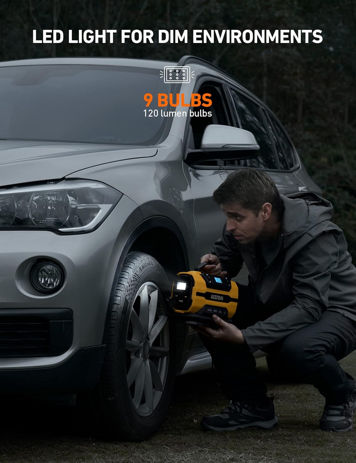 AstroAI Tire Inflator Portable Air Compressor Pump 150PSI 12V DC/110V AC with Dual Metal Motors &LED Light, Automotive Car Accessories&Two mode for car, bicycle tires and air mattresses, Yellow