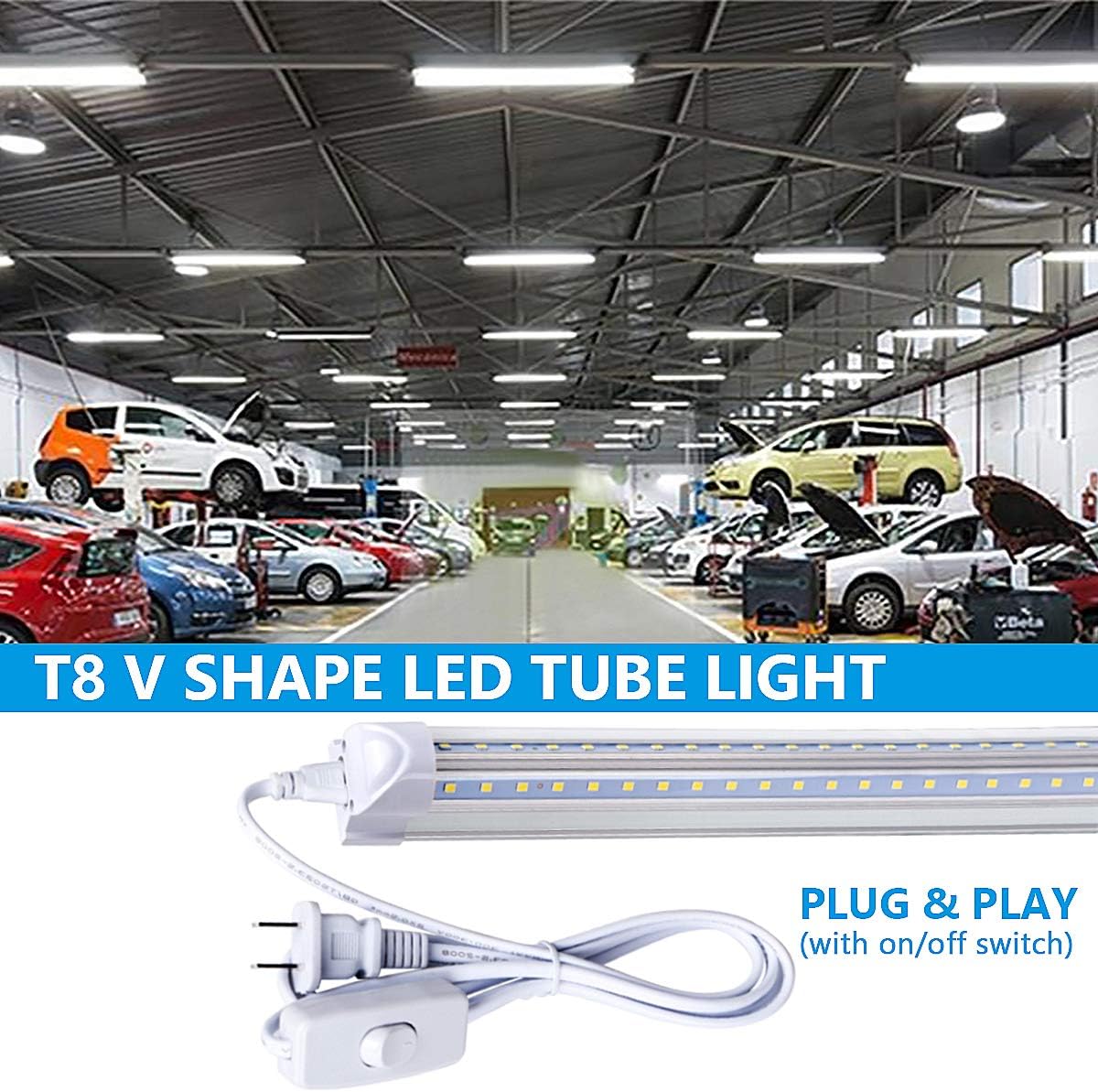 (12-Pack) 8ft LED Shop Light Fixture, 100W 15000LM 6000K, Cold White, V Shape, Clear Cover, Hight Output, Linkable Shop Lights, T8 LED Tube Lights for Garage 8 Foot with Plug