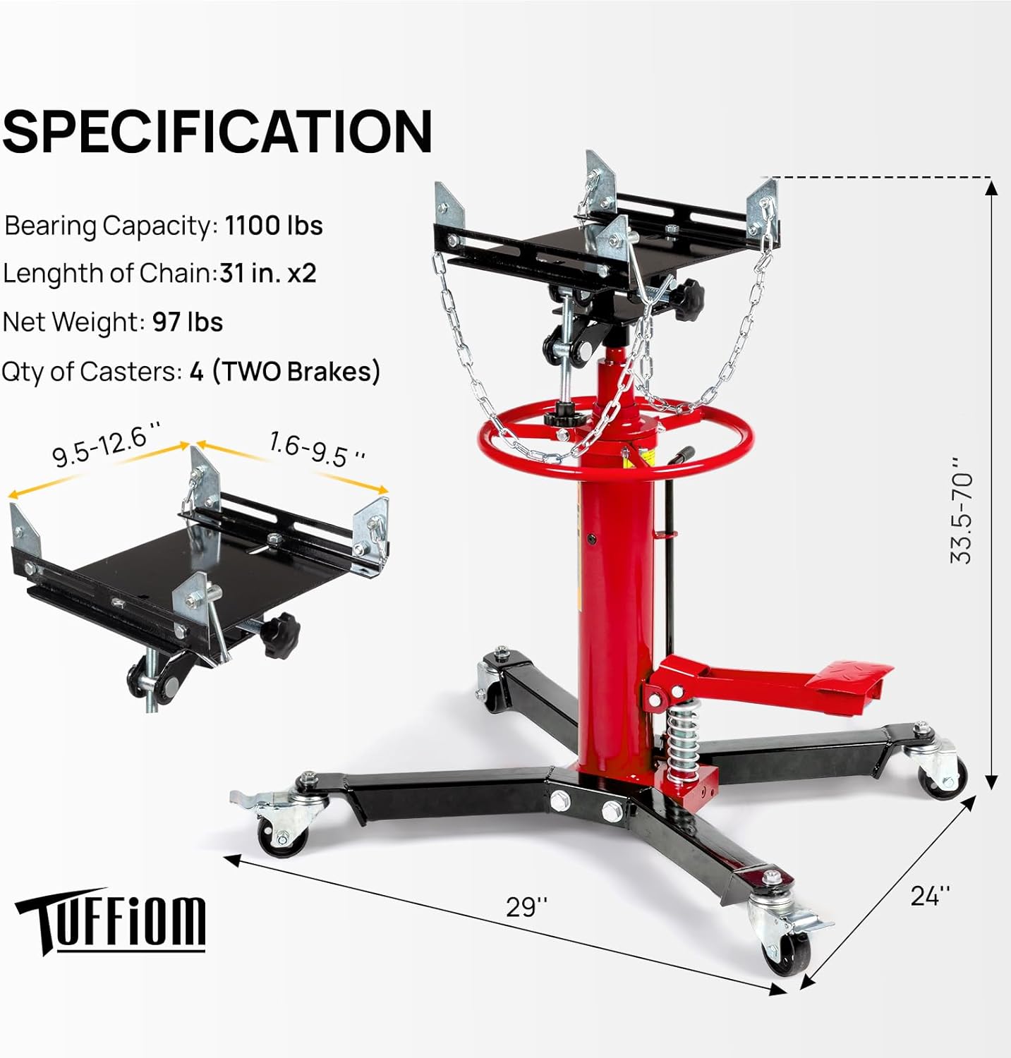 TUFFIOM Transmission Jack, 1100 lbs 1/2Ton Hydraulic 2-Stage High Lift Vertical Telescoping Floor Jack Stand, 34" to 68" Lifting Range, w/Pedal, 360° Swivel Wheels, Garage/Shop Lift Hoist, Red