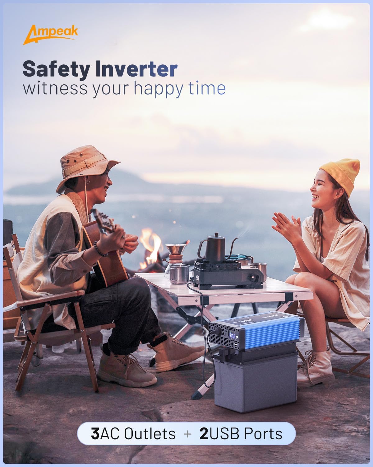 Ampeak 2000W Power Inverter Conversion Efficiency 89.37% Inverter 12V to 110V 3AC Outlets Dual 5V/3.1A USB Ports Modified Sine Power Inverters for Vehicles