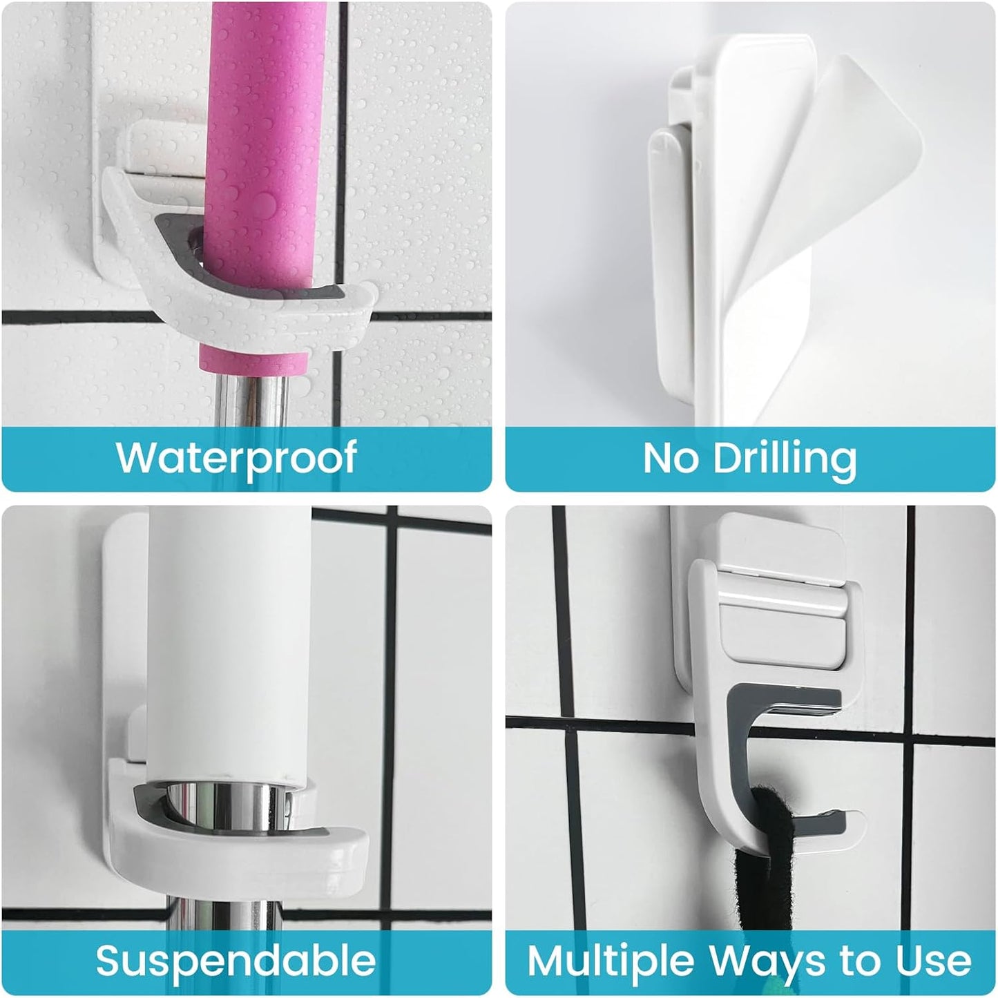 Broom Holder Wall Mount, 2 Pack Broom and Mop Organizer Wall Hanging Self Adhesive, No Drilling, Anti-Slip Broom and Mop Hanger Wall Mount Cleaning Ideal for Bathroom, Kitchen, Garden, Garage