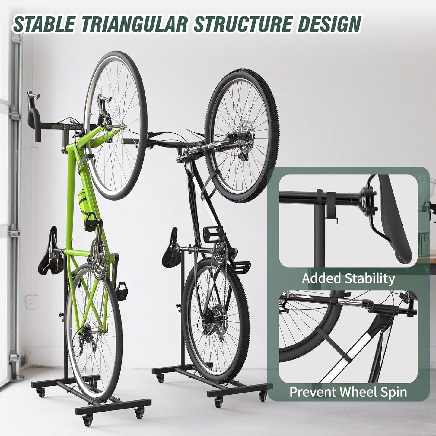 Vertical Bike Stand, Upright Bike Parking Rack Floor, Adjustable Bicycle Storage for Wheels Sizes up to 29", Freestanding Bicycle Organizer with Swivel Casters, Indoor Bike Holder for Garage 2-Pack