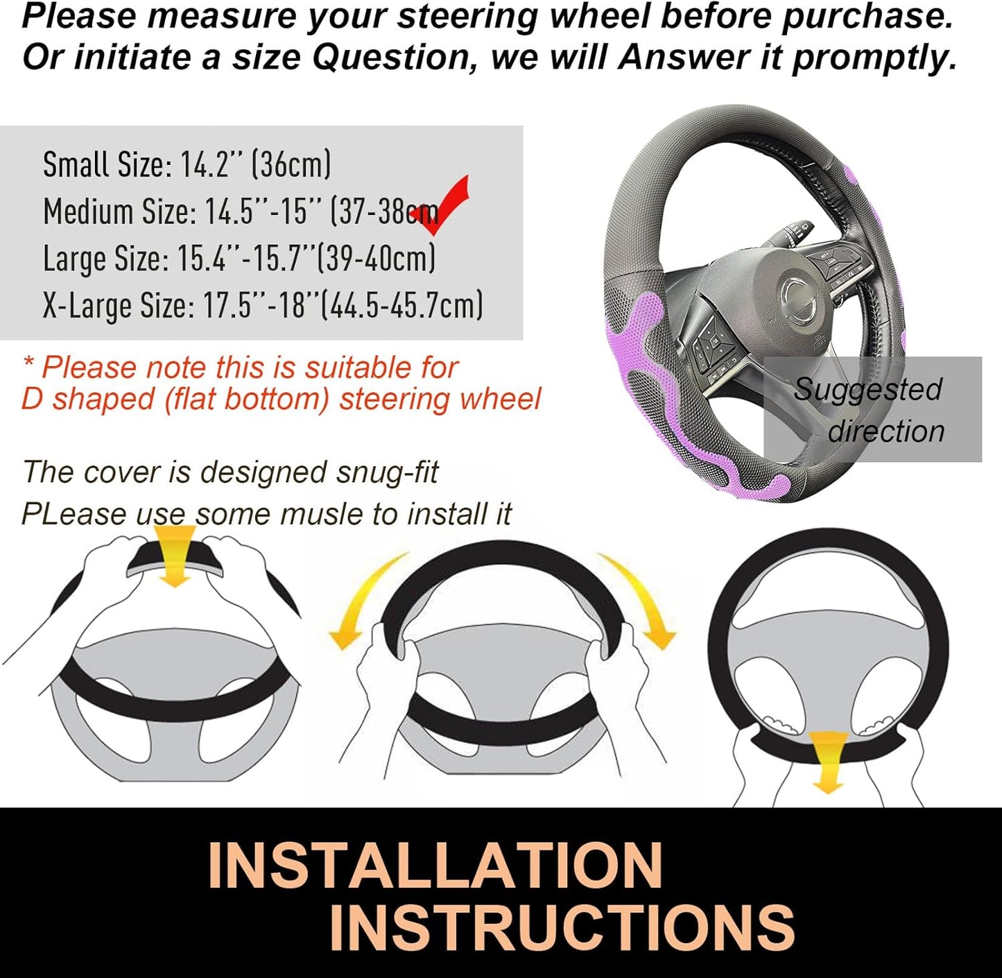 PINCTROT D Shaped Comfy Grip Steering Wheel Cover, Anti-Slip Design, Flat Bottom 14.5-15 Inch(Silicone Purple)