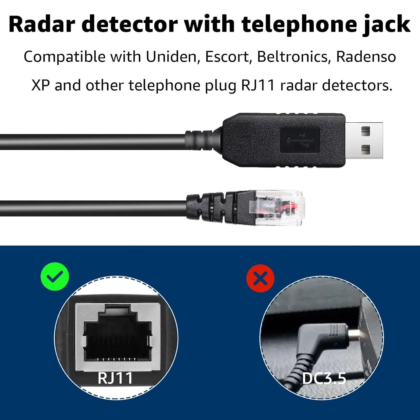 4.92Ft Radar Detector Cable - USB to RJ11 Plug Cable for Escort Radenso XP Uniden Beltronics Cobra Whistler - Premium Replacement Power Cord for Radar Detectors - Durable USB to RJ11 Connection