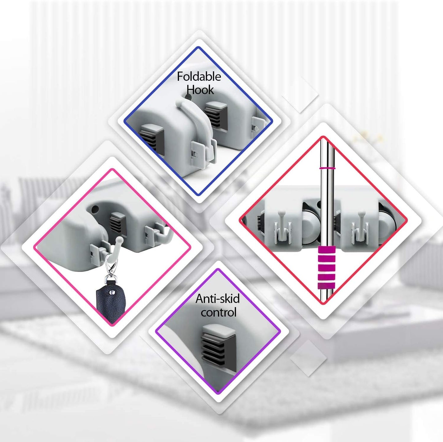 LETMY Broom Holder Wall Mounted - Mop and Broom Hanger Holder - Garage Storage Rack & Garden Tool Organizer - 5 Position 6 Hooks for Home, kitchen, Garden, Tools, Garage