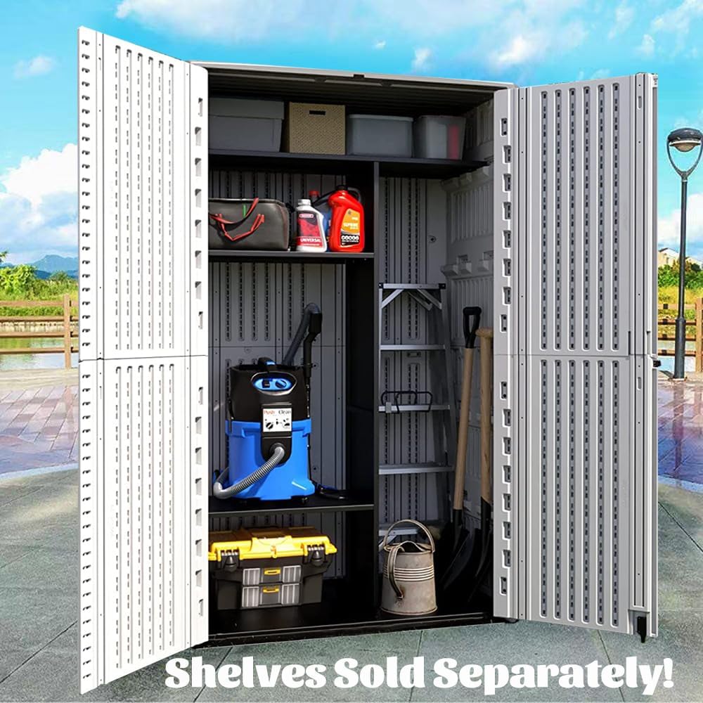 ADDOK Vertical Outdoor Storage Shed with Floor, 54 Cu Ft Outdoor Storage Cabinet with Lockable Double Doors, All-Weather Durable Plastic Construction for Patio, Backyard, Lawn and Garden, White