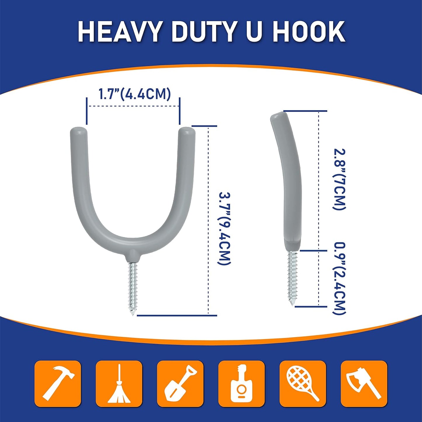 POETISKE Screw in U Utility Hooks Wall Mount Garage Storage Organizer Hanger Hanging Shovels Broom Guitar Garden Tools Heavy Duty Vinyl Holder 16pack