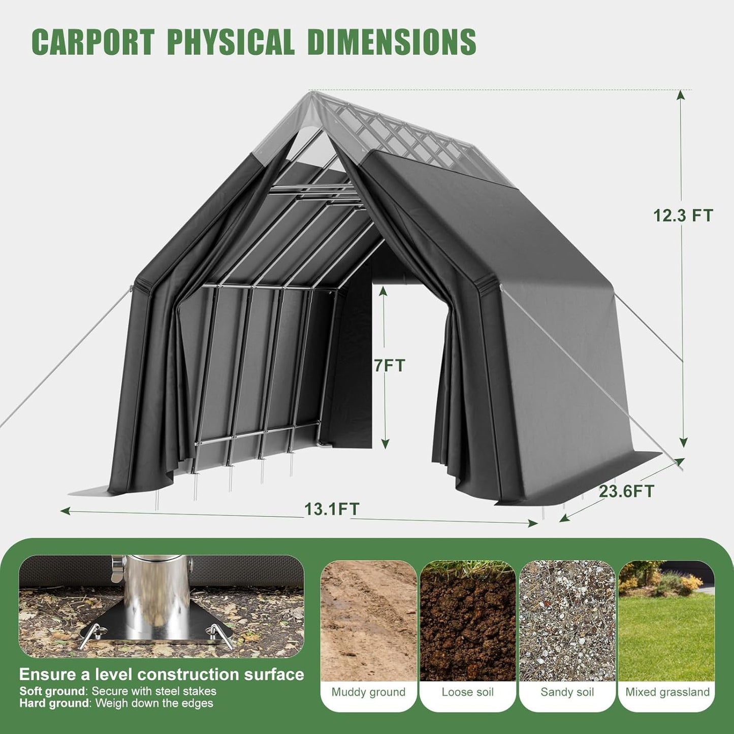 Skyview Portable Garage, 13x24 FT Heavy Duty Carport Canopy with Translucent Roof, Reinforced Metal Frame, Zipper Doors,All-Weather Resistant, Waterproof Outdoor Storage Shelter for Cars/RV/ATV