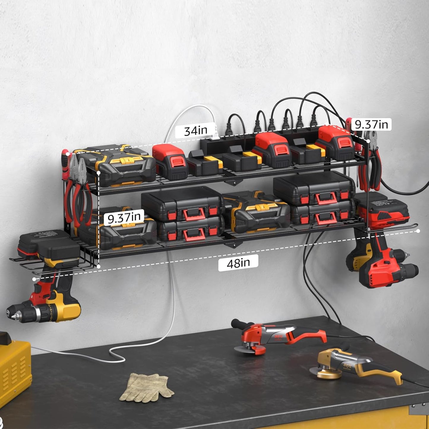 CCCEI Large Garage Tools Storage with Charging Station. Power Tool Battery Organizer Utility Shelf with Power Strip. 4 Drills Holder Wall Mount Rack.