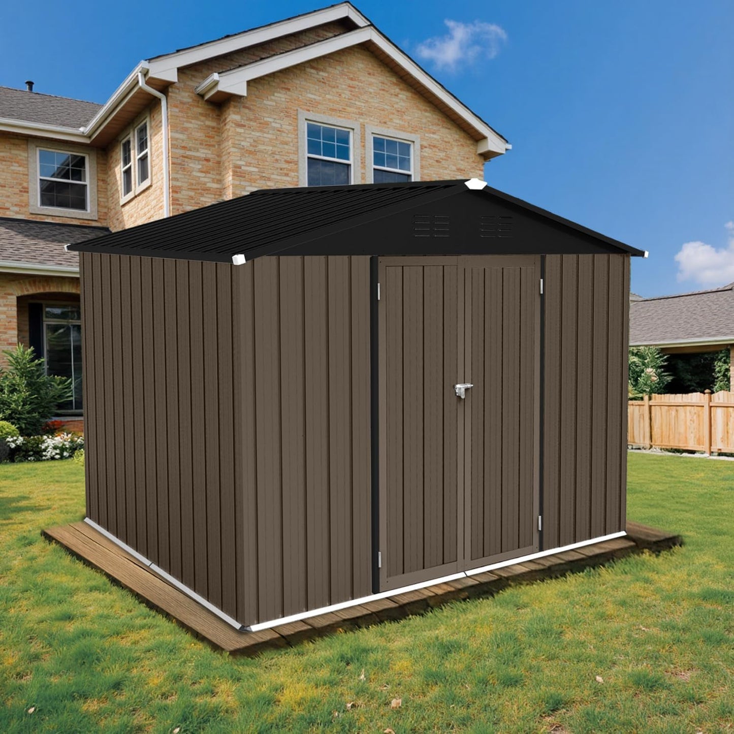 8 x 6 FT Outdoor Storage Metal Shed, Bike Garden Tool Shed with Slooping Roof, Lockable Doors and Aluminum Frames, Shed Easy to Assemble for Garden, Patio, Lawn, Brown
