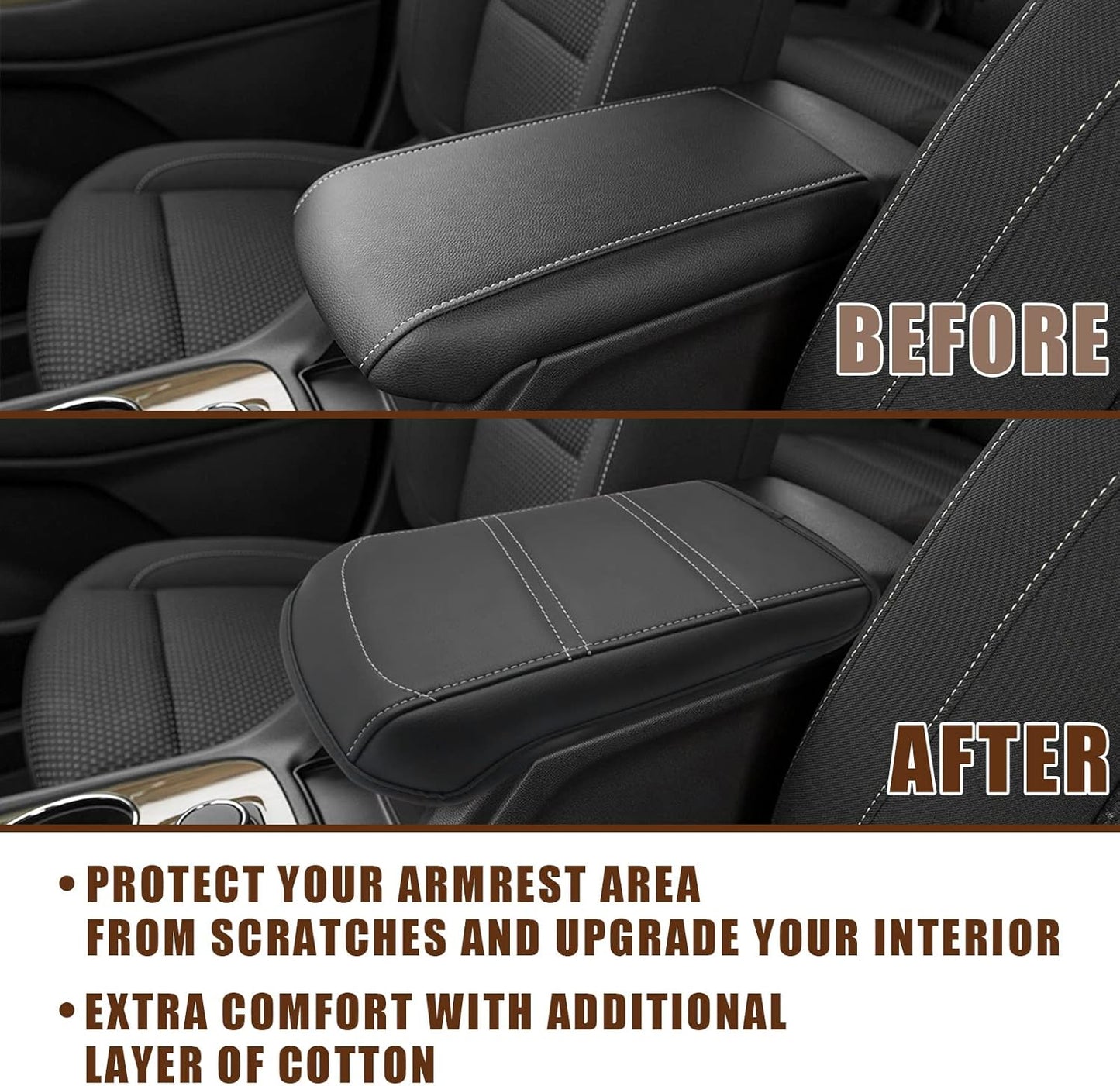 Muslogy for Acadia 2017-2023 Center Console Pad Armrest Cover Vegan Leather Cushion Pad Accessories Armrest Lid Protector Extra Soft Compatible with GMC Acadia 2023 2022-2017 (Black/White Trim)