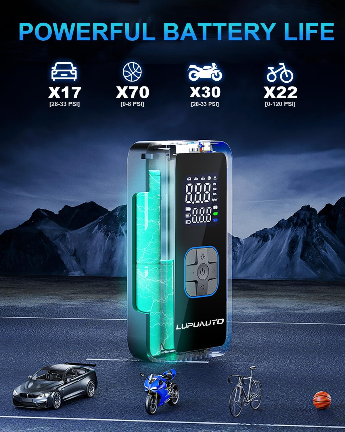 Tire Inflator Portable Air Compressor, 150PSI Air Pump Tires Portable with Pressure Gauge, Tire Inflator with LED Light for Car, Bike, Motorcycle, Balls