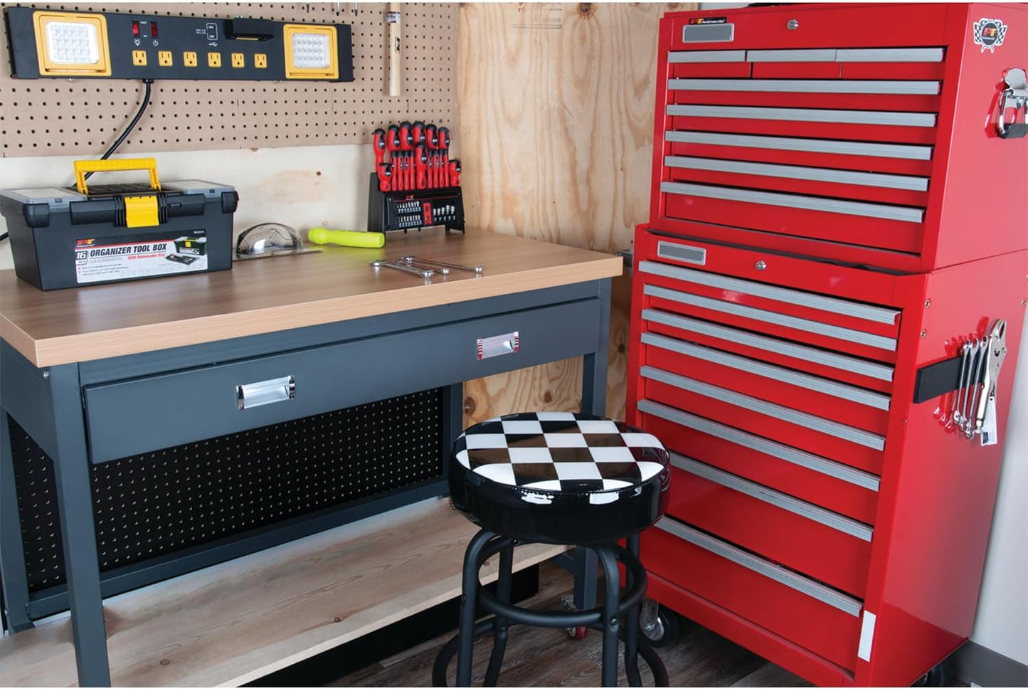 Performance Tool W85023 28-1/2-Inch Checkerboard 360 Degree Swivel Stool, Heavy Duty Steel Frame Is Perfect for Home, Bar and Shop