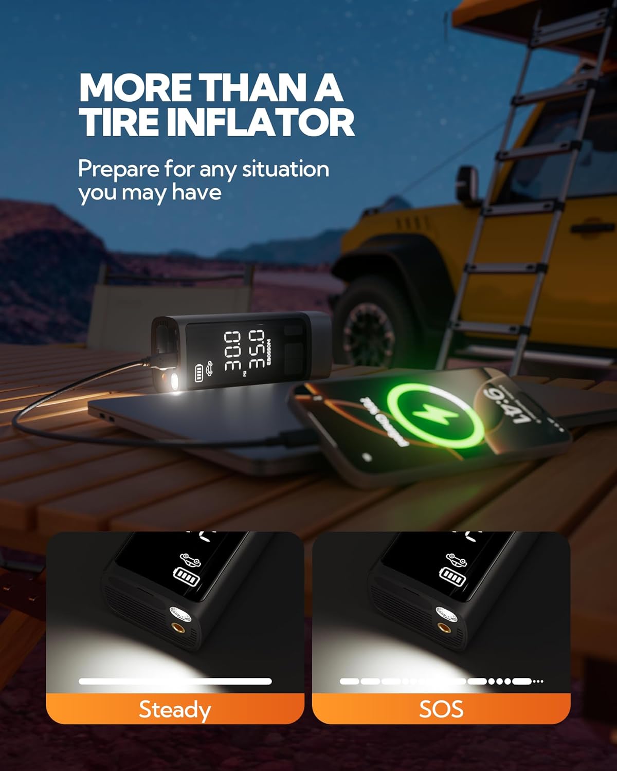 Portable Tire Inflator with Dual-Cylinder, 5 x Fast Inflation Car Air Compressor with Memory Function, 150PSI Cordless Tire Inflator Rechargeable with Battery,12V DC for Pickup Car, Moto, Bikes, Balls