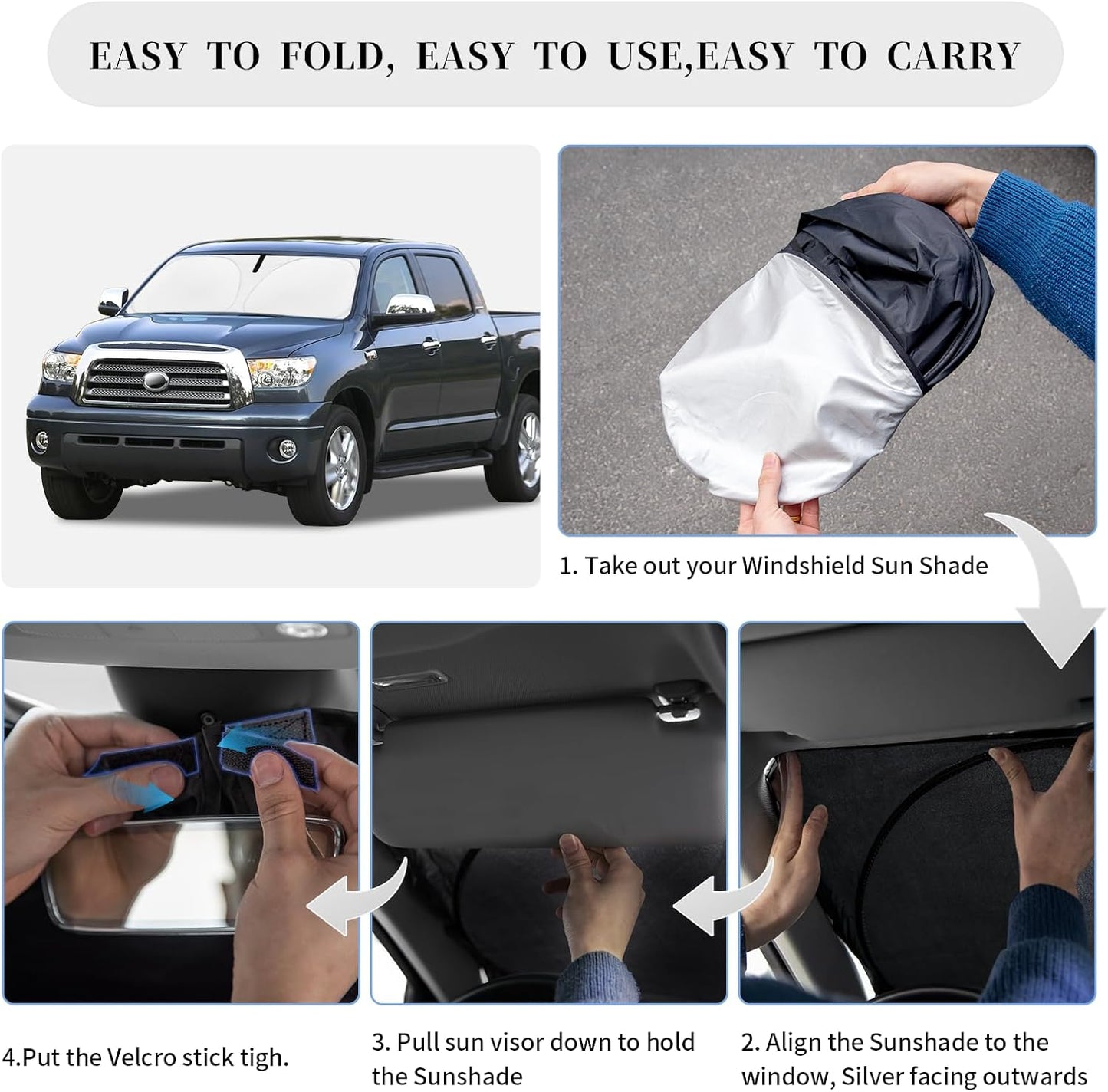 Sun Shade Sunshade for Toyota Tundra Windshield Cover, 4-Layer Front Window Shade Custom fit Tundra 2007-2021 Limited SR5 Platinum TRD Pro Pickup Sun Visor 240T Shade Blocks UV Rays Car Accessories