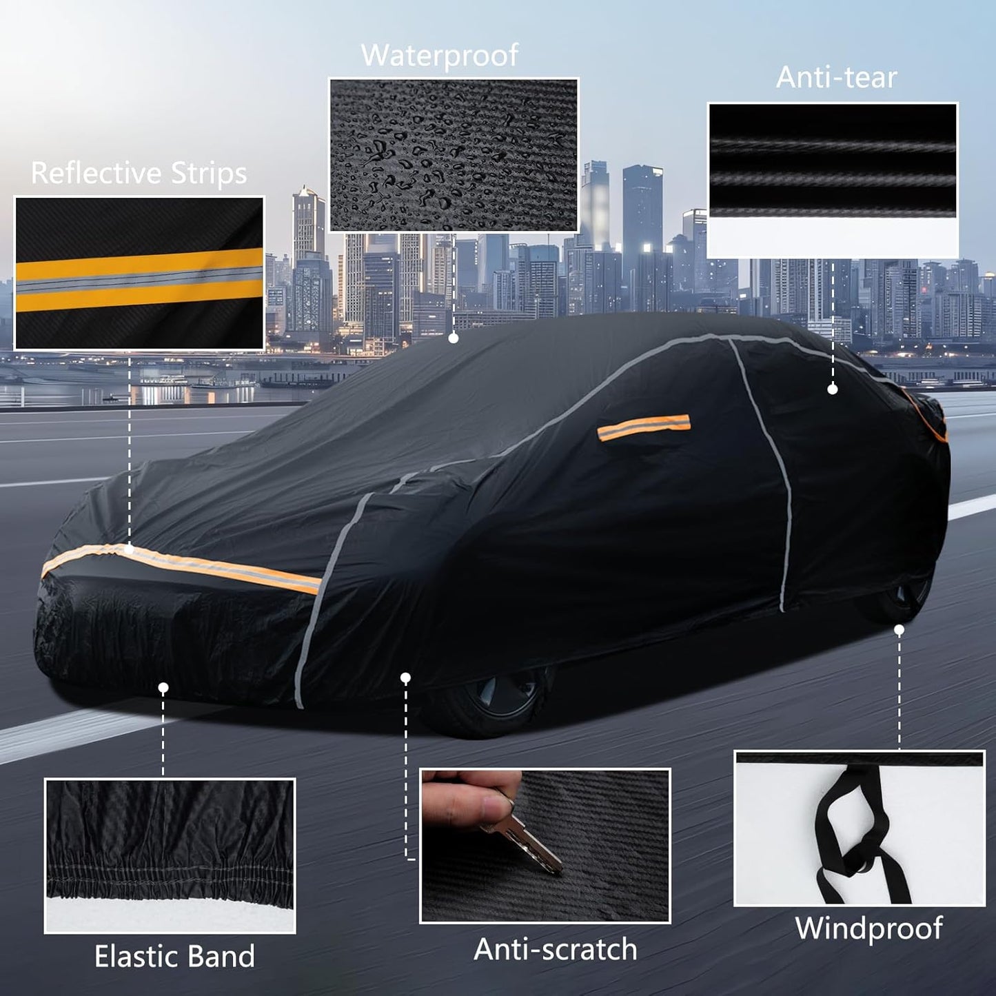 Car Cover Waterproof All Weather,6 Layers Car Covers for Automobiles, Full Exterior Cover with Zipper, Outdoor Car Cover Sun UV Rain Snow Wind Protection, Fit for 196"(196*74*59 inch)Sedan