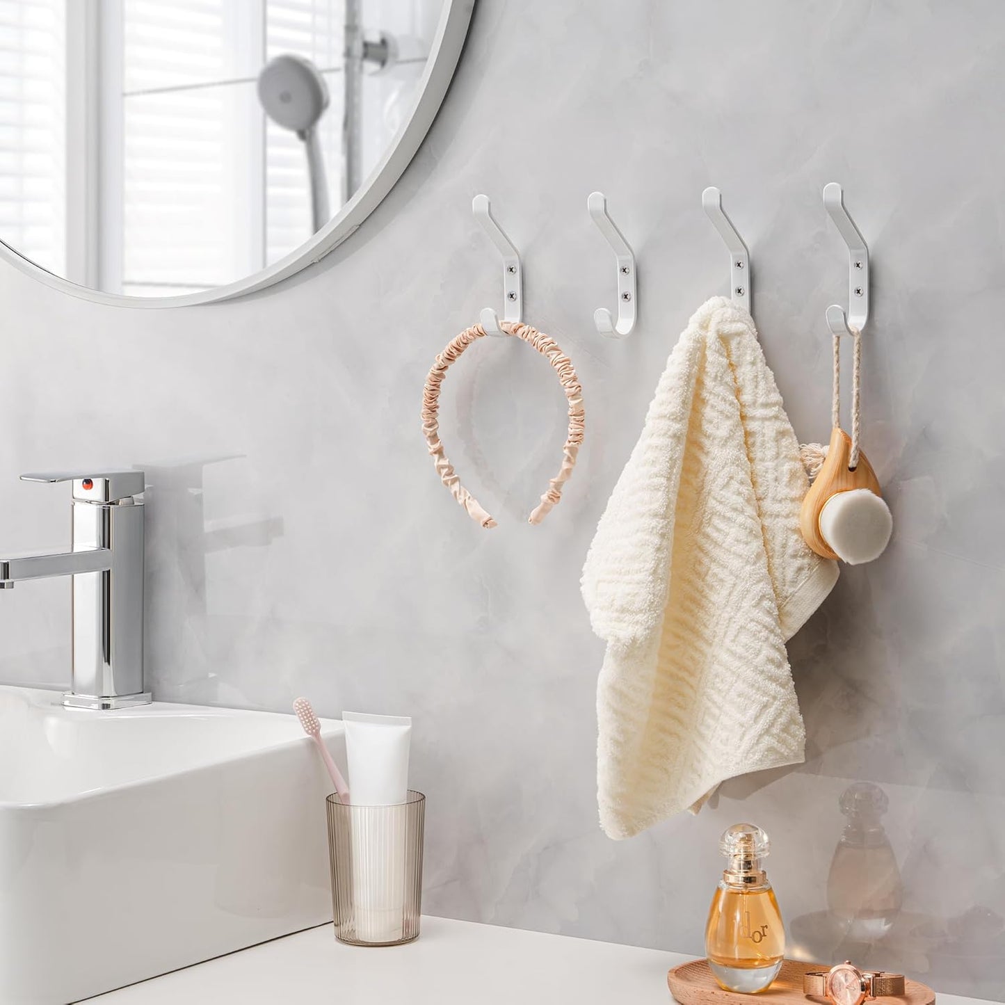 10-Pack Coat Hook for Hanging, 20LB (Max), Stainless Wall Hooks for Towel, Hat, Backpack, Key, Clothes, Wall Mounted Coat Hanger for Closet, Metal, White 3.75“