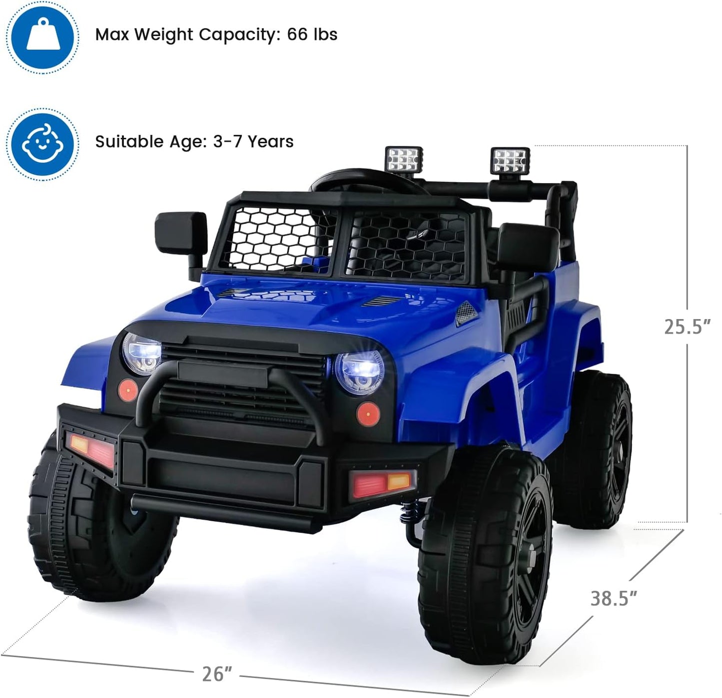 OLAKIDS Kids Ride On Truck, 12V Electric Vehicle Car with Remote Control, Toddlers Battery Powered Toy with 2 Speeds, Spring Suspension, Double Open Doors, LED Lights, TF, Music, USB, Mp3 (Blue)