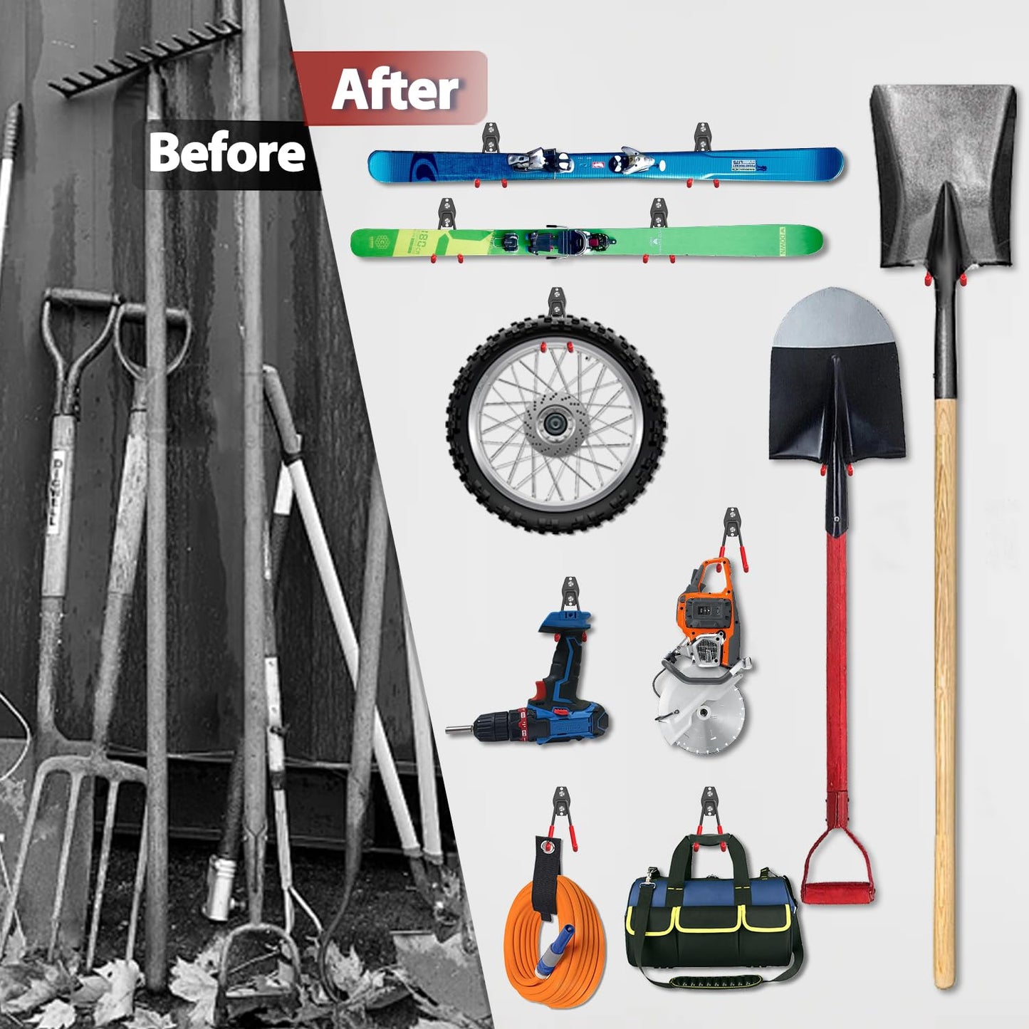 3-H Garage Wall Hooks 34 Pack, Garage Hooks Heavy Duty with Extra Welding Spots, Garage Organizer for Garden, Lawn, Chairs, Ladders, WeedEater, Shovel (Red)